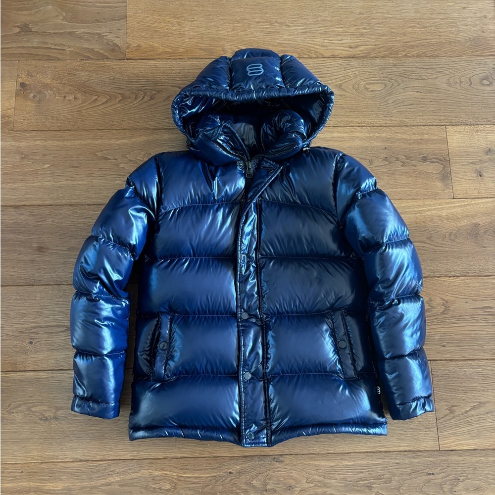 Aritzia navy blue hi-gloss super puff